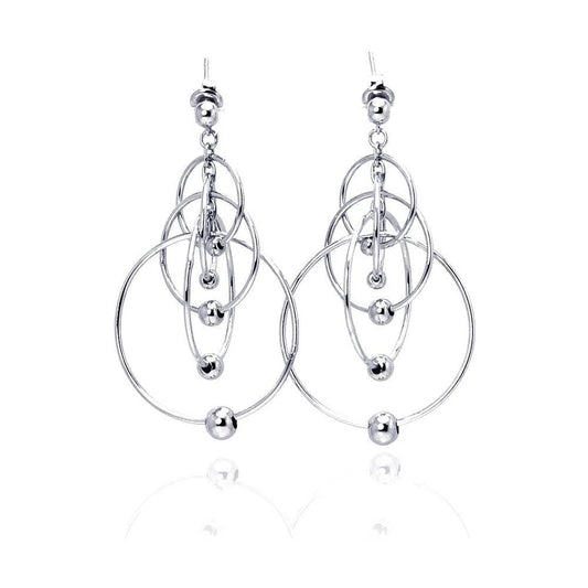 925 Silver Rhodium Plated Multiple Graduated Open Circles Hanging Ball Chandelier Hook Earrings