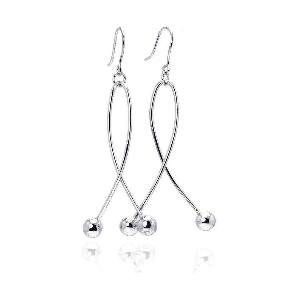 925 Silver Rhodium Plated Twisted Dangling Two Hanging Balls Hook Earrings