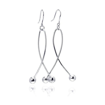 925 Silver Rhodium Plated Twisted Dangling Two Hanging Balls Hook Earrings