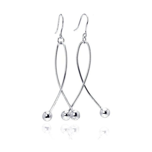 925 Silver Rhodium Plated Twisted Dangling Two Hanging Balls Hook Earrings